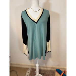 Perse V-Neck Sweater XL Teal Black Colorblock, long length, side hem slit